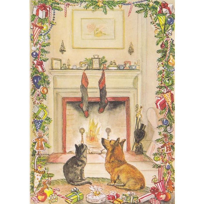 Caspari Single Rare Card: Cat and Corgi by Fireplace