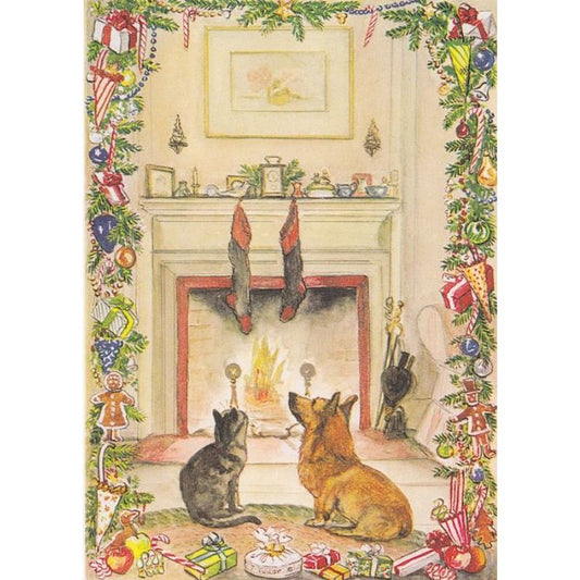 Caspari Single Rare Card: Cat and Corgi by Fireplace