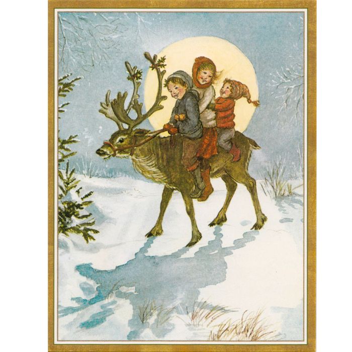 Caspari Single Rare Card: Children Riding Reindeer