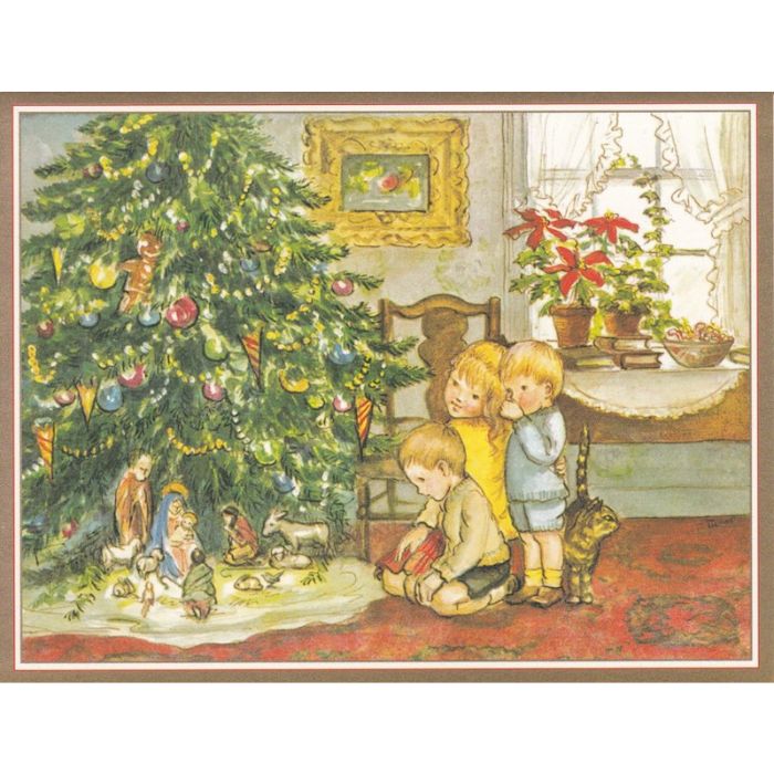 Caspari Single Rare Card: Children with Creche and Christmas Tree