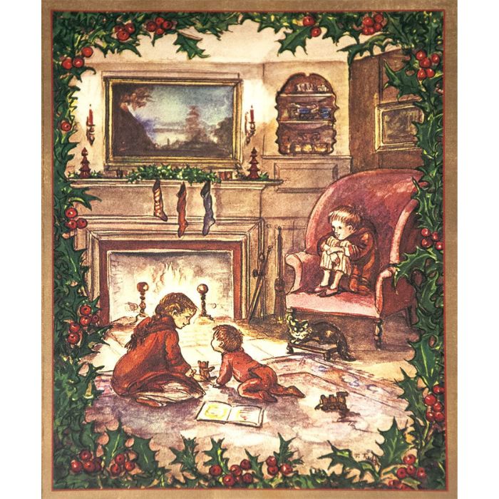 Caspari Rare Single Card: Fireplace with Holly Border