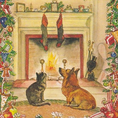 Caspari Single Rare Card: Cat and Corgi by Fireplace